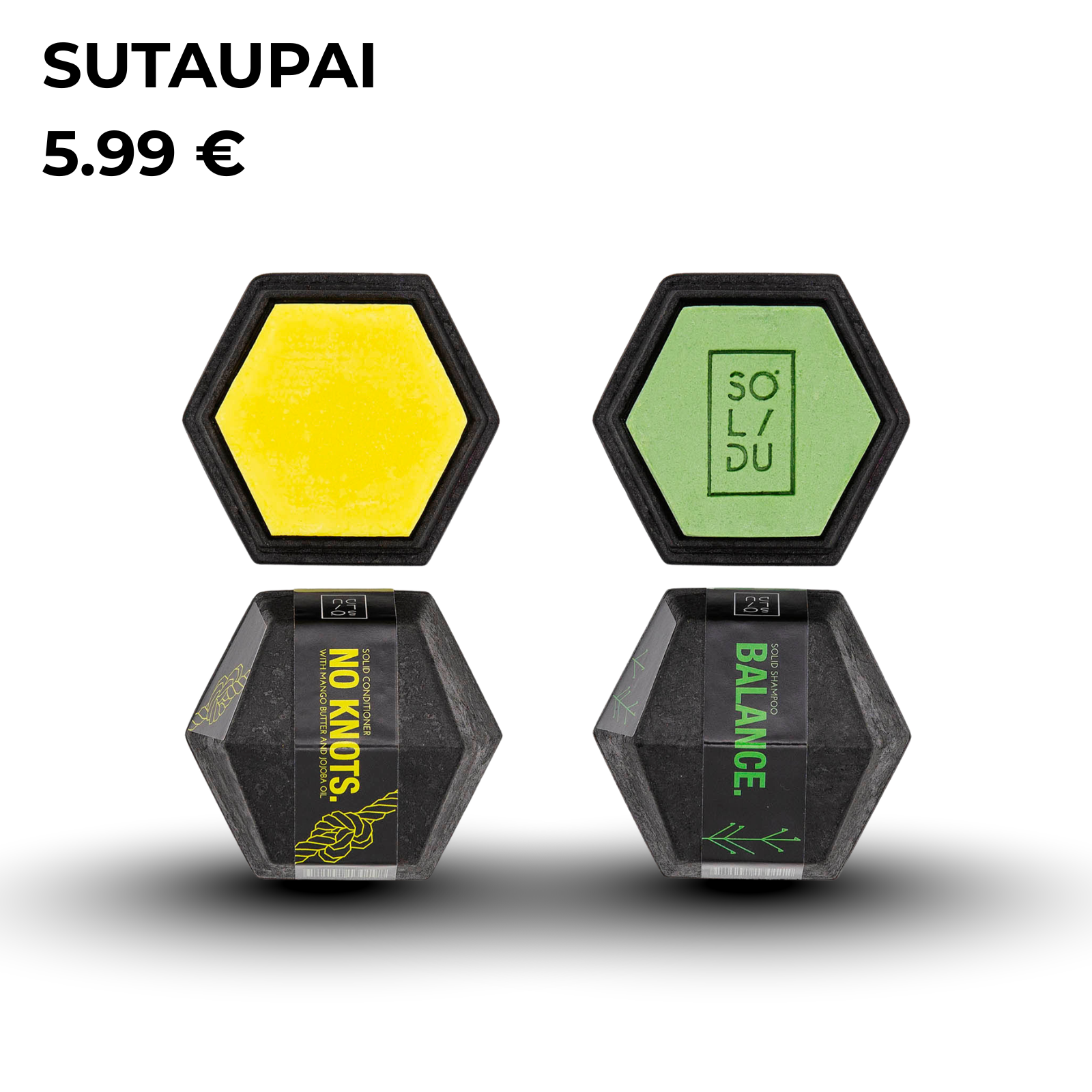 Two hexagonal  SOLIDU hair products white background, one with a yellow top and one with a green top, both with black shadows. Text at the top reads 'SUTAUPAI 5.